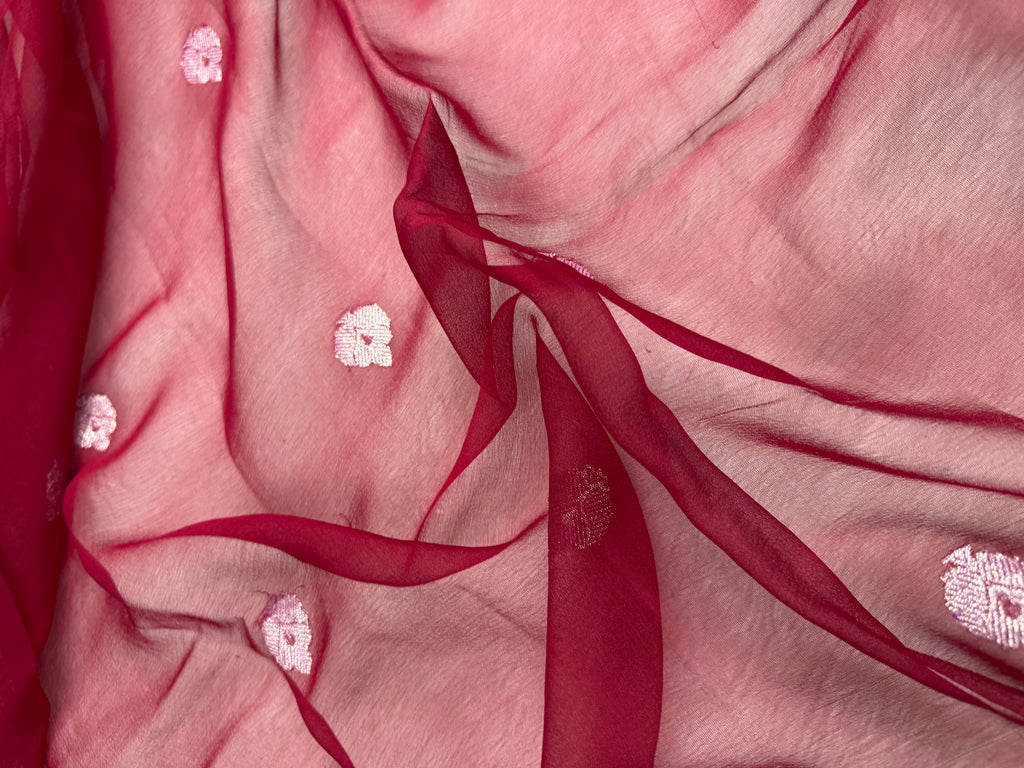Deep Wine Red Pure Khaddi Chiffon Silk Banarasi Saree