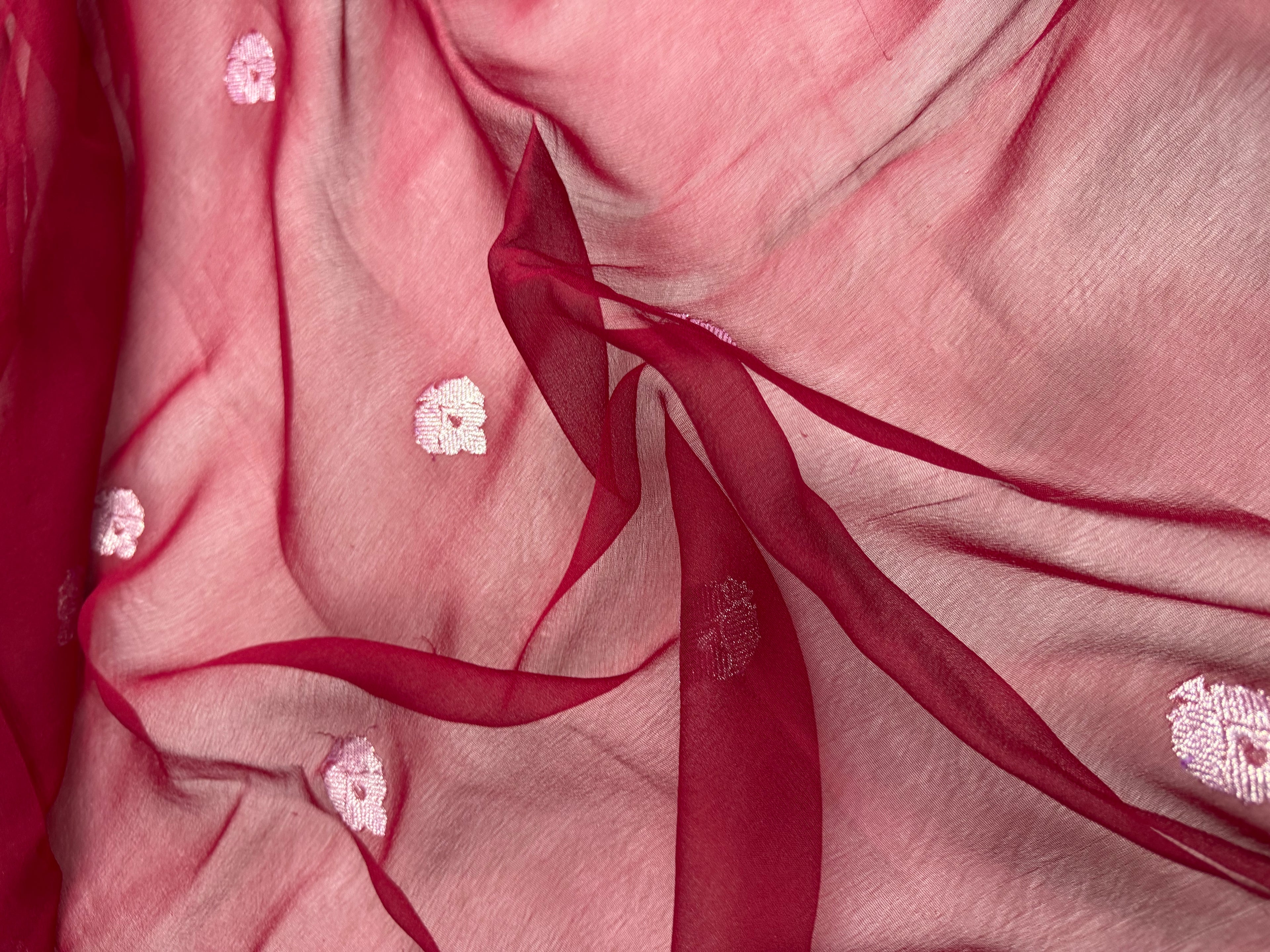 Deep Wine Red Pure Khaddi Chiffon Silk Banarasi Saree