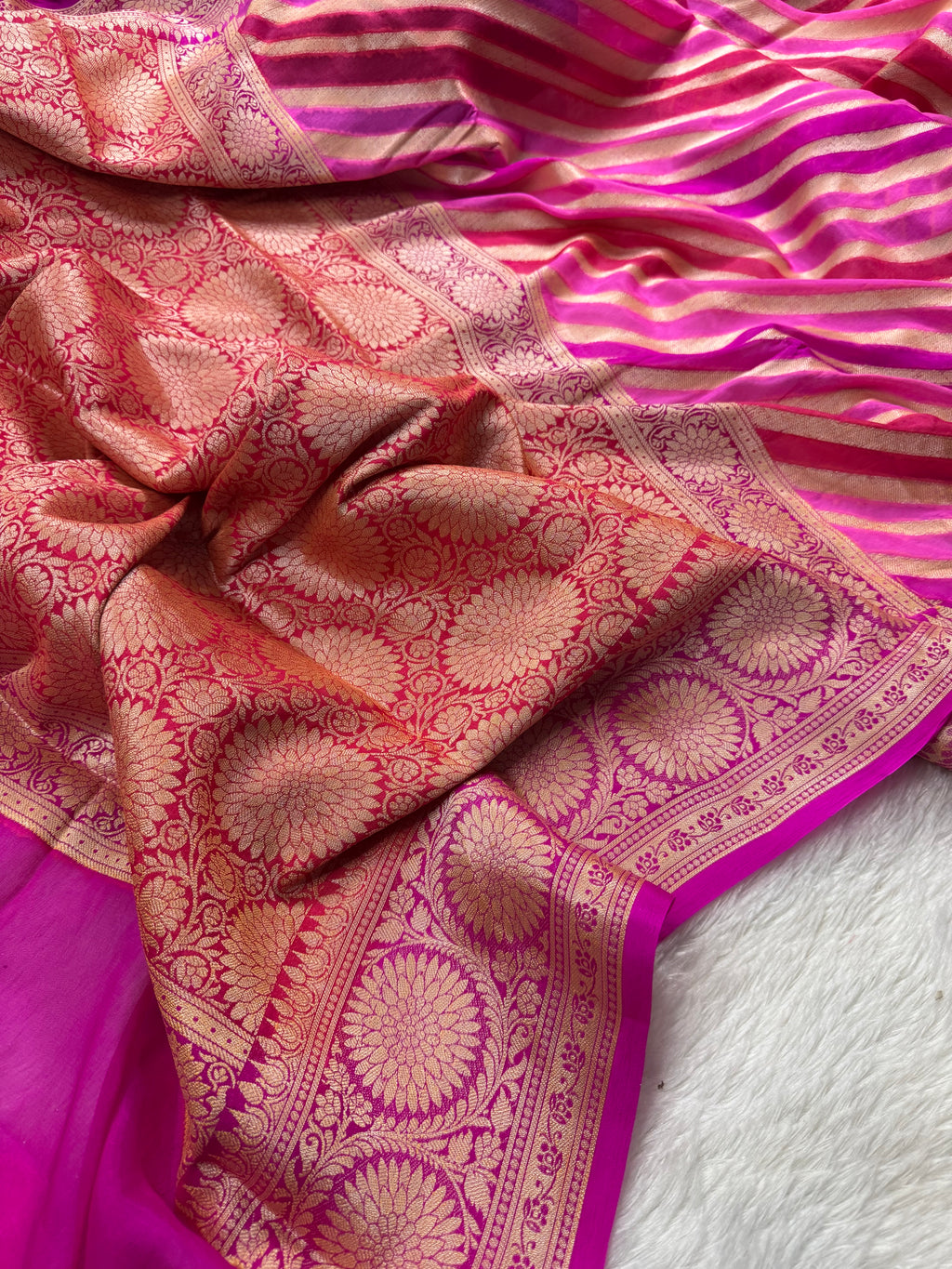 Rani Pink Rangkat Pure Chiffon Silk Banarasi Saree