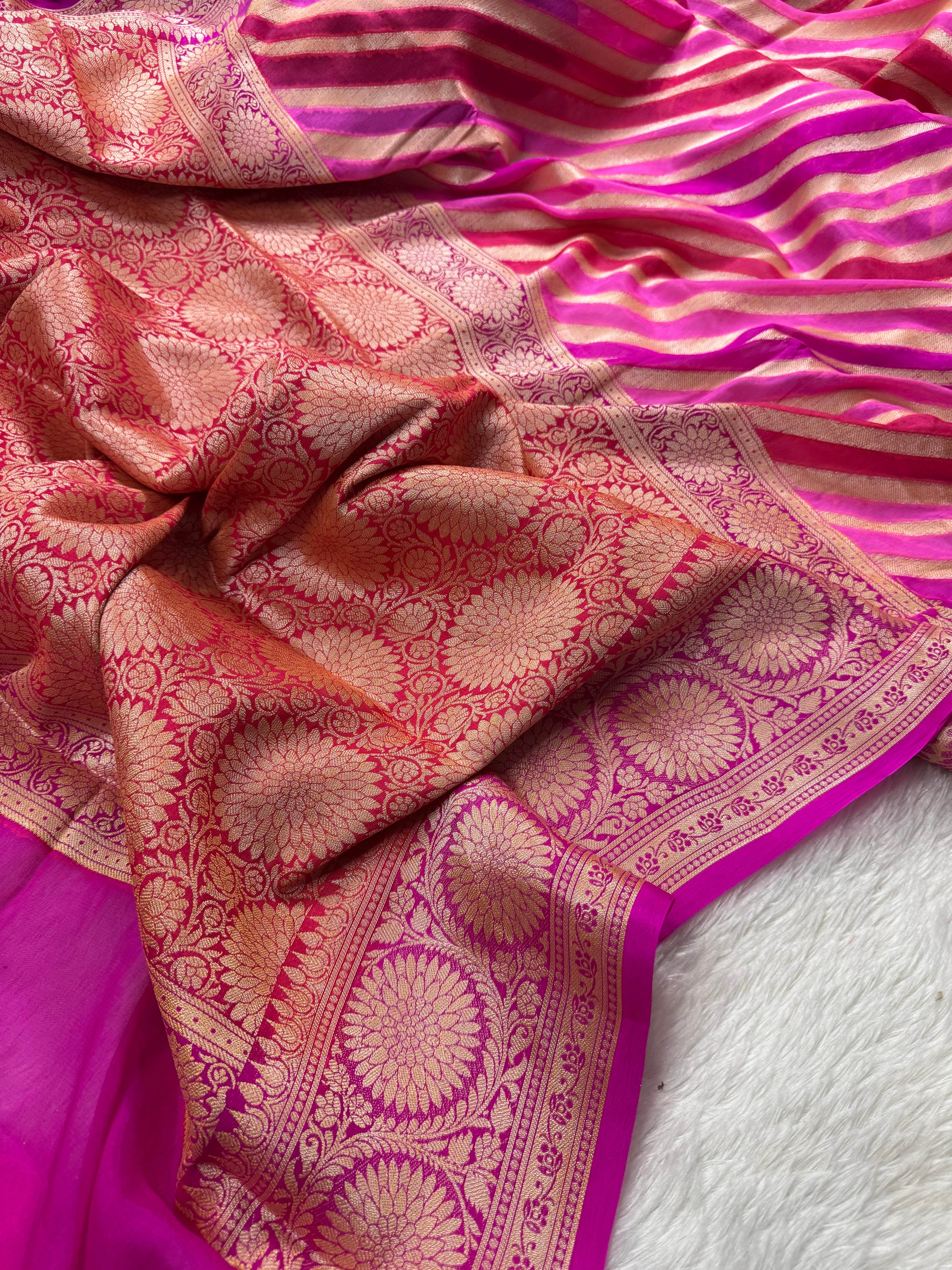 Rani Pink Rangkat Pure Chiffon Silk Banarasi Saree