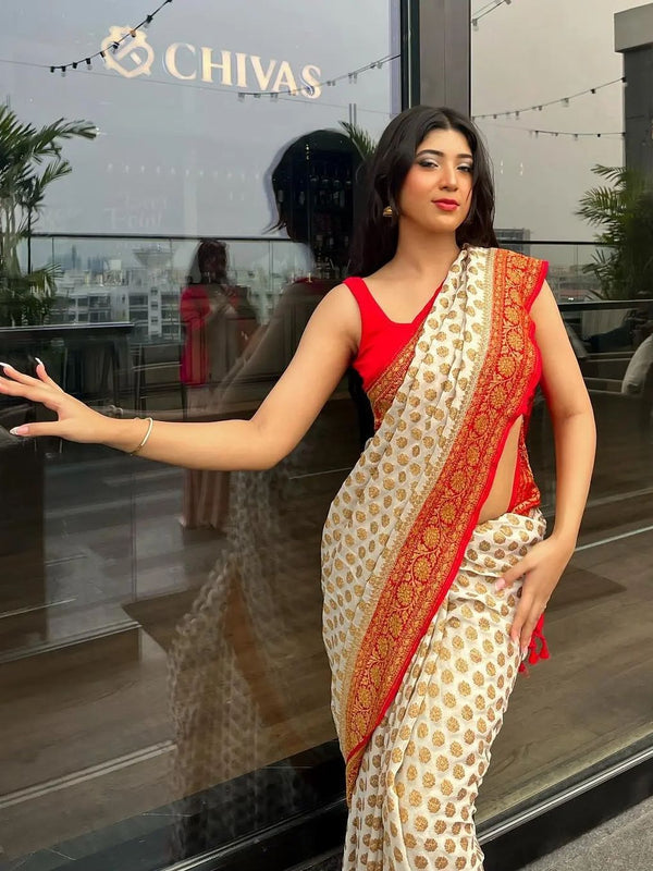 Off- White & Red Pure Khaddi Georgette Silk Banarasi Saree