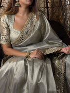 Moonlight Grey Banarasi Rajkumari Mirror Work Tissue Silk Saree