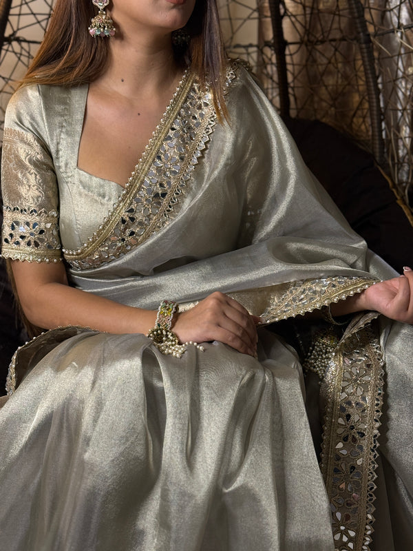 Moonlight Grey Banarasi Rajkumari Mirror Work Tissue Silk Saree