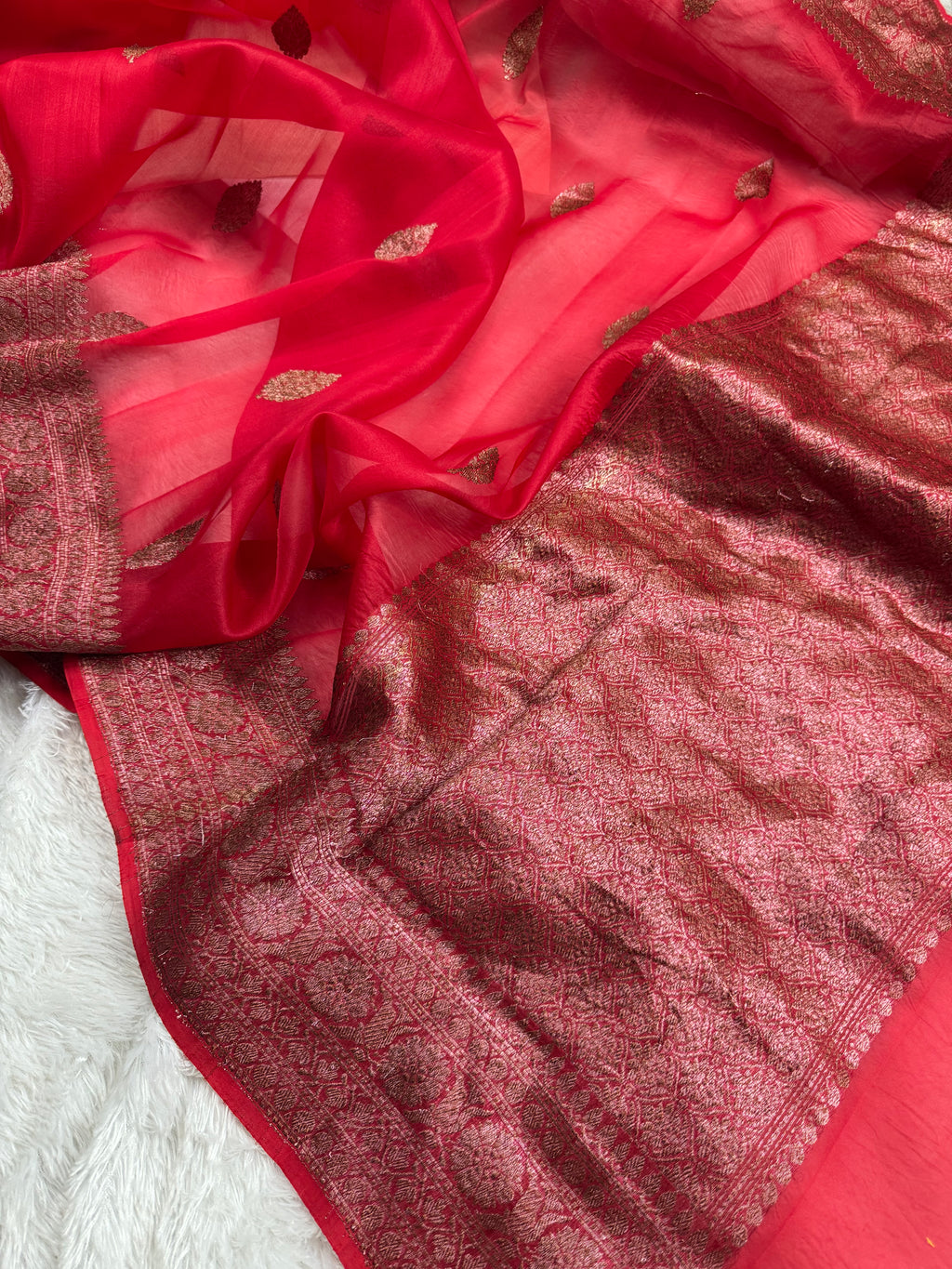 Red Pure Kora Organza Silk Banarasi Saree