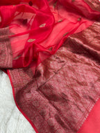 Red Pure Kora Organza Silk Banarasi Saree