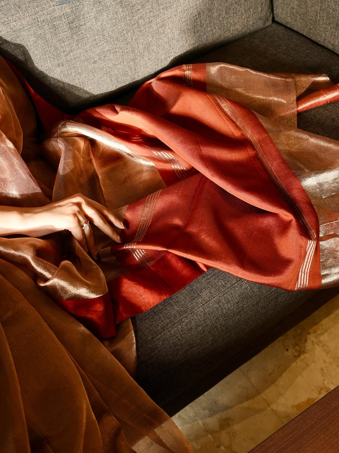 Rust Orange Pure Glass Tissue Silk Banarasi Saree