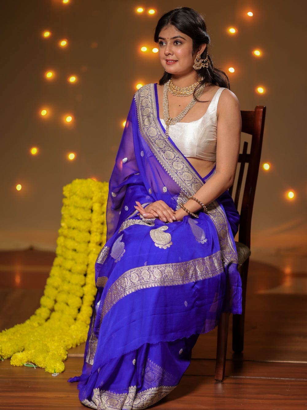 Royal Blue Pure Khaddi Chiffon Silk Banarasi Saree