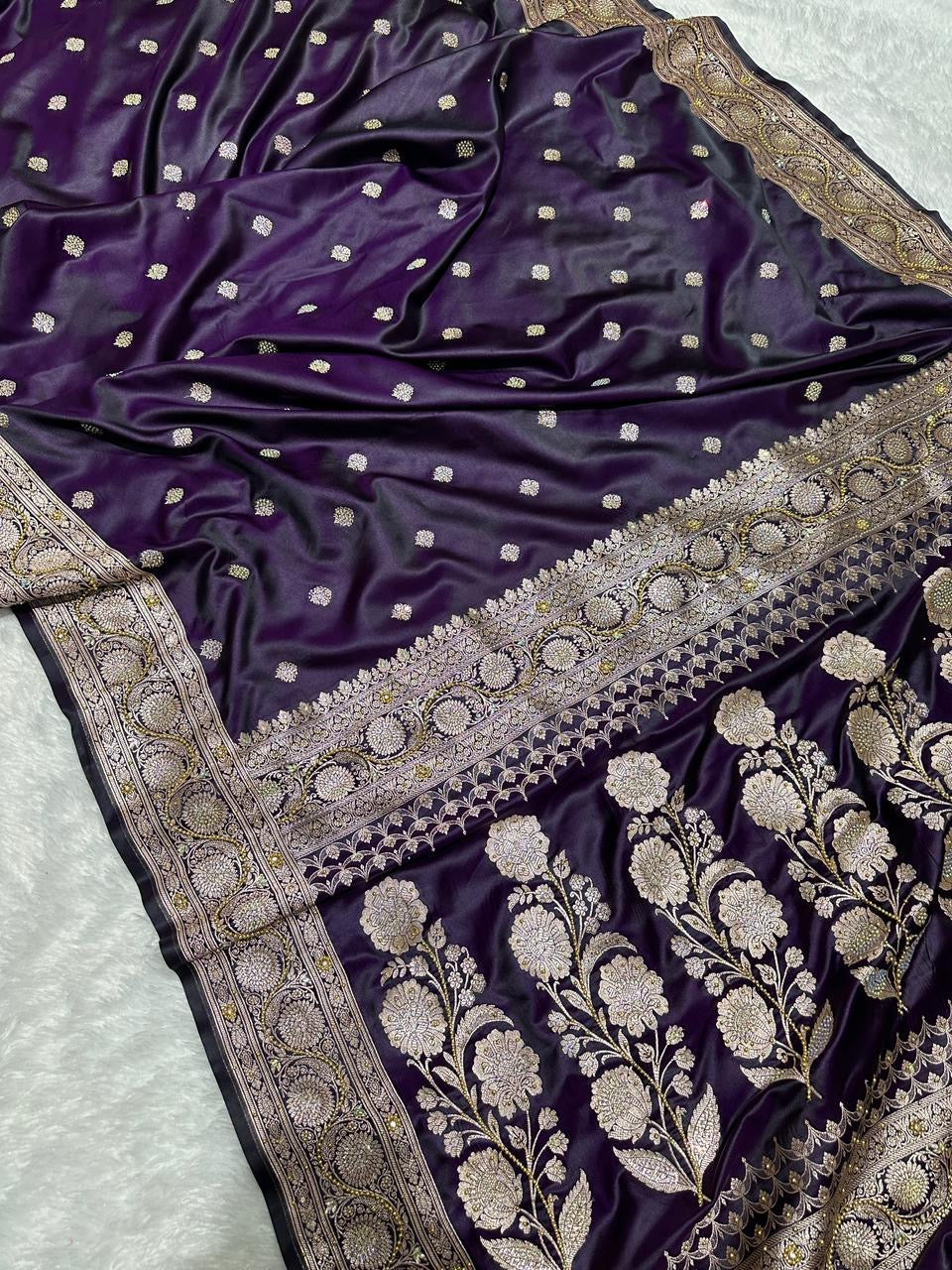 Purple Reign Swarovski Crystals Mashru Katan Silk Banarasi Saree