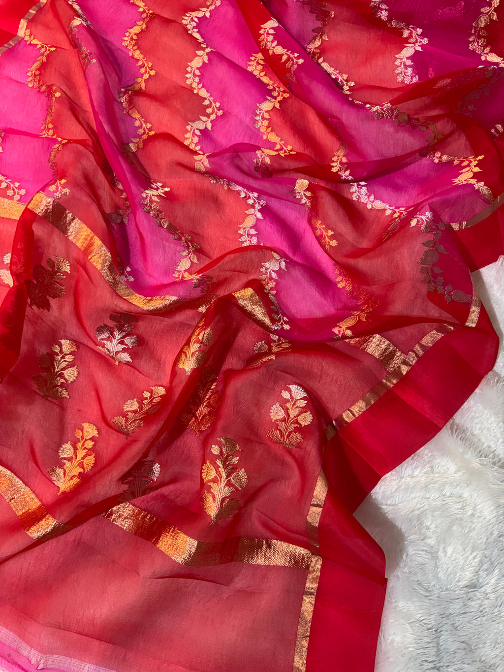 Rangkat Red Rani Pure Kora Organza Silk Banarasi Saree