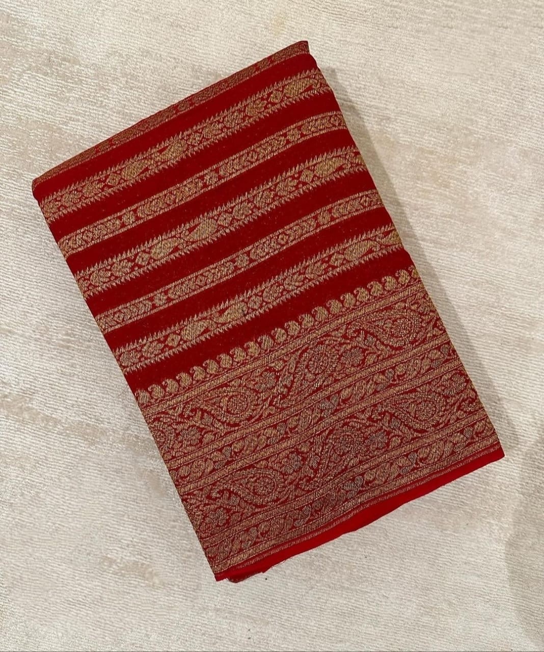 Red Pure Khaddi Georgette Silk Banarasi Border Stripe Saree