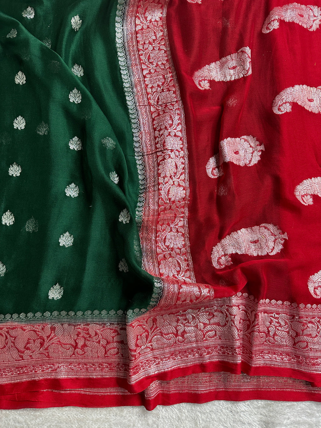 Green & Red Pure Khaddi Chiffon Silk Banarasi Saree