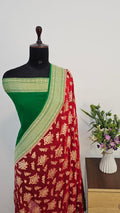 Red & Green Pure Khaddi Georgette Silk Banarasi Saree
