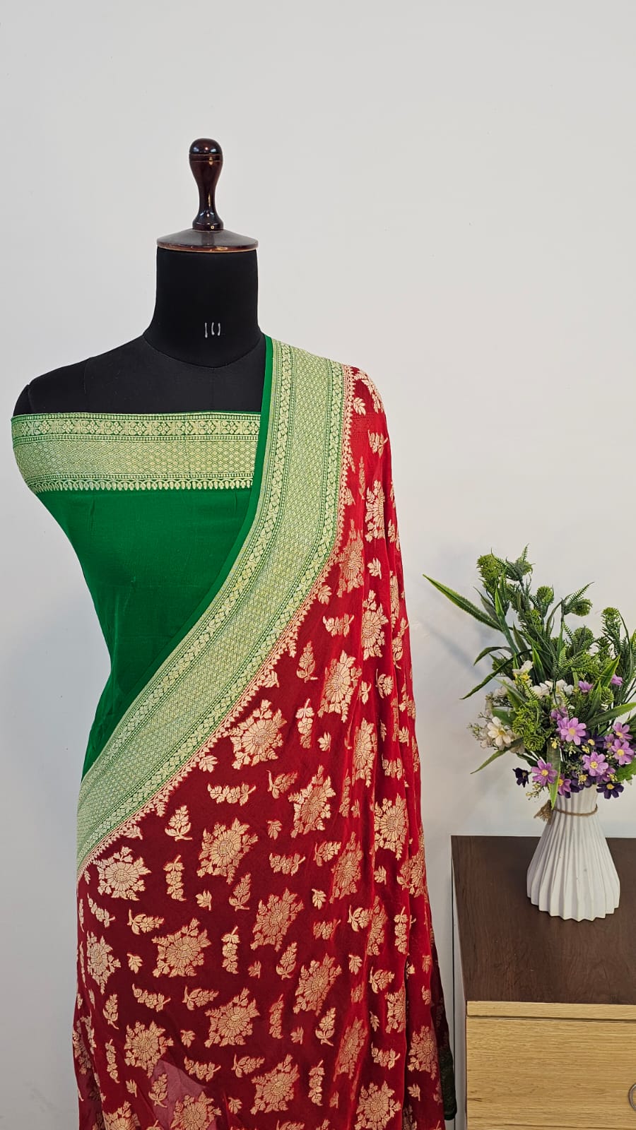 Red & Green Pure Khaddi Georgette Silk Banarasi Saree
