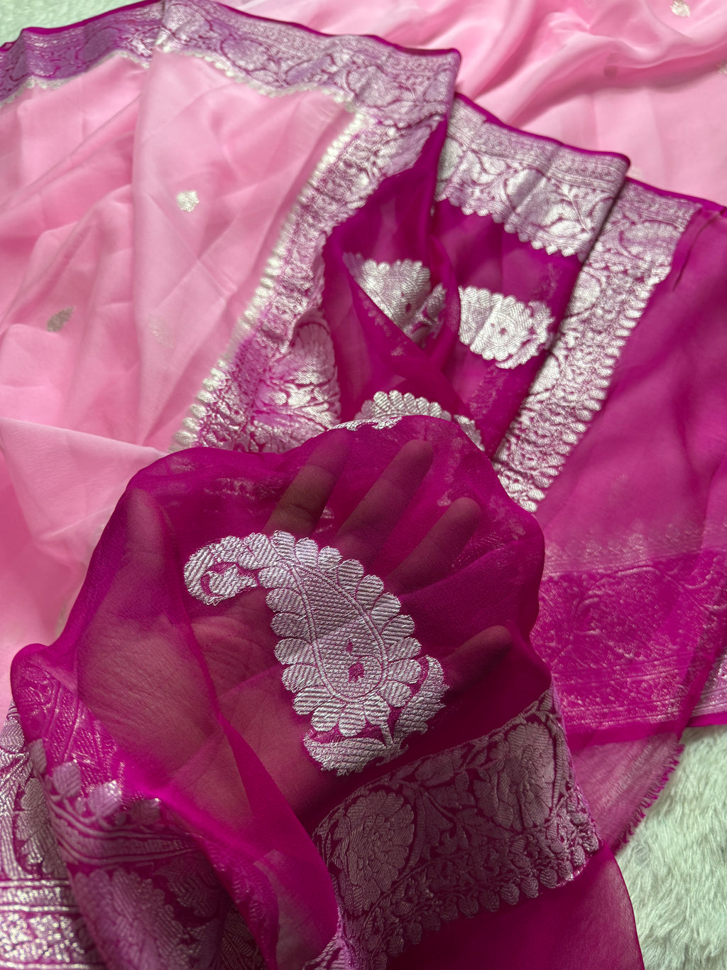 Pink & Rani Pink Pure Khaddi Chiffon Silk Banarasi Saree