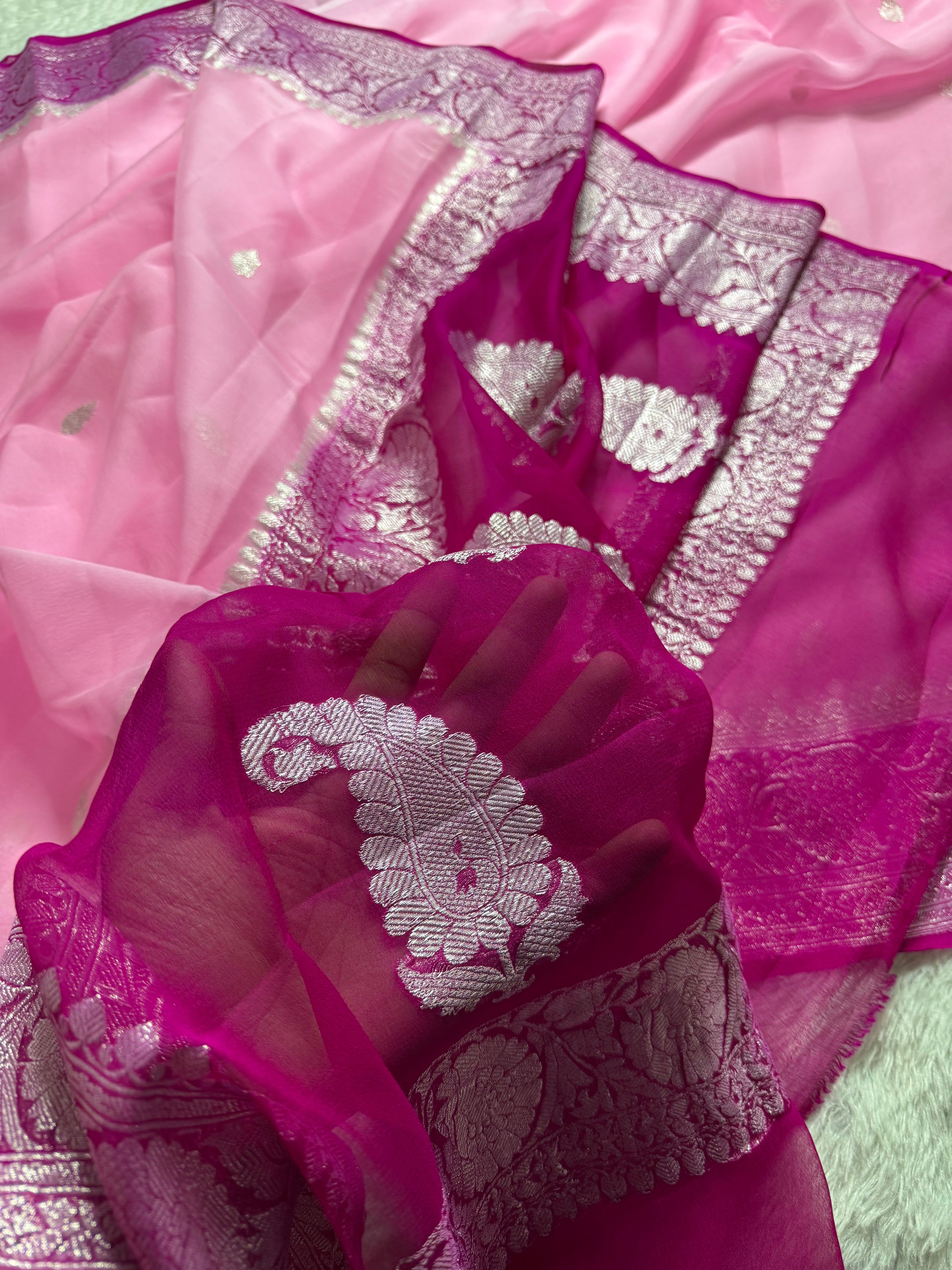 Pink & Rani Pink Pure Khaddi Chiffon Silk Banarasi Saree