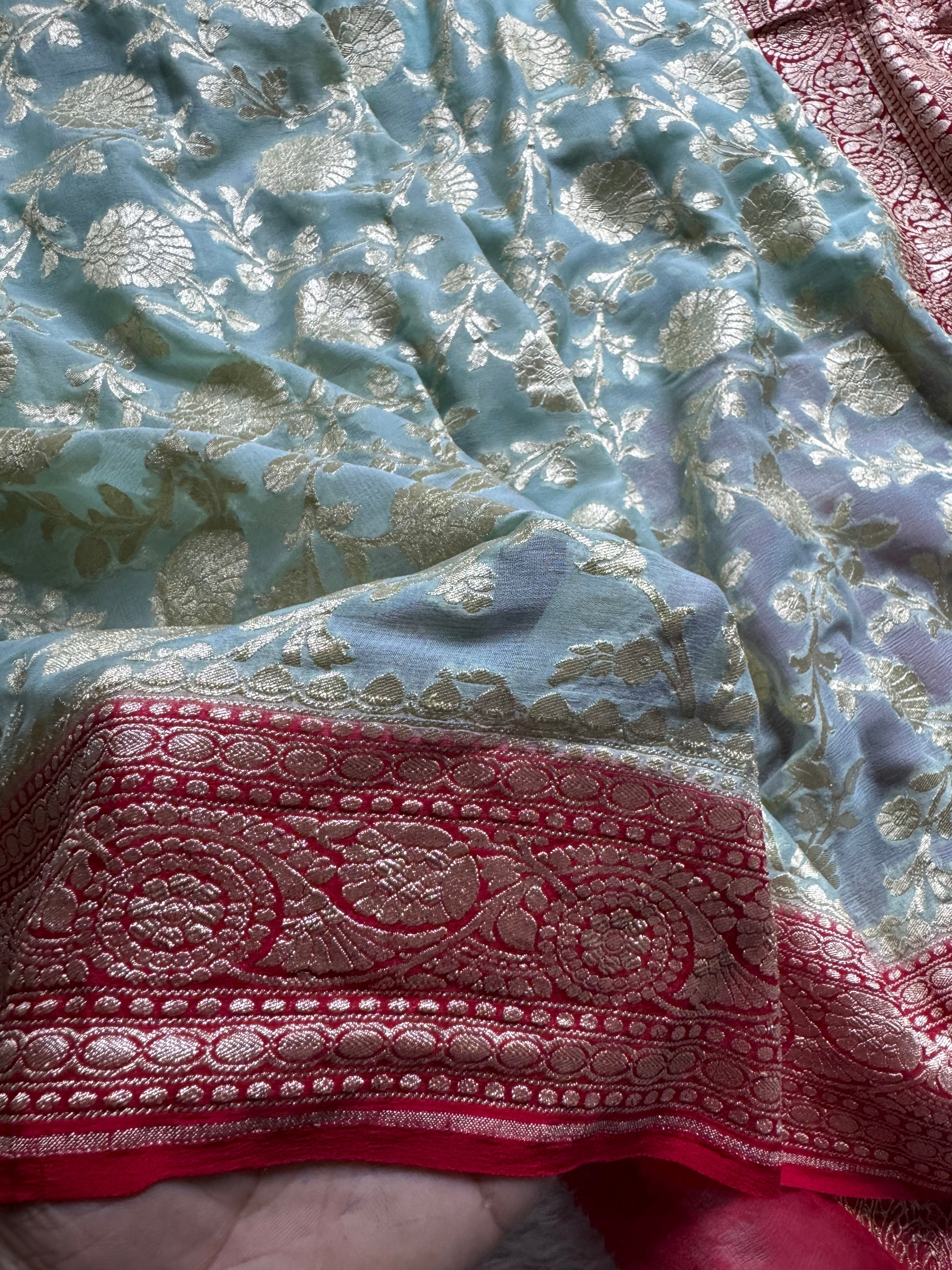Pastels & Red Pure Khaddi Georgette Silk Banarasi Saree