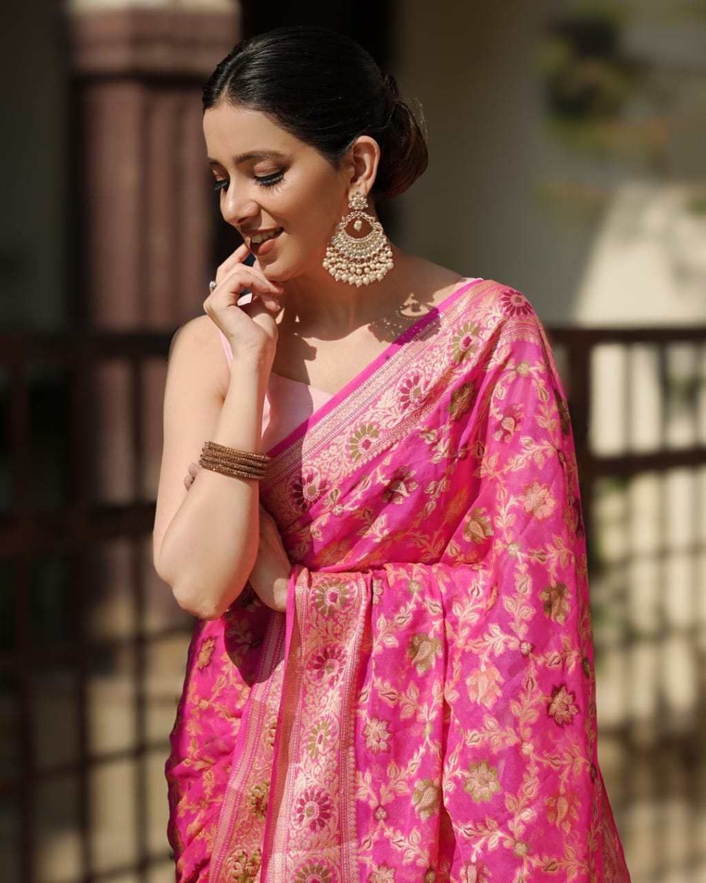 Pink Pure Chiffon Silk Banarasi Saree