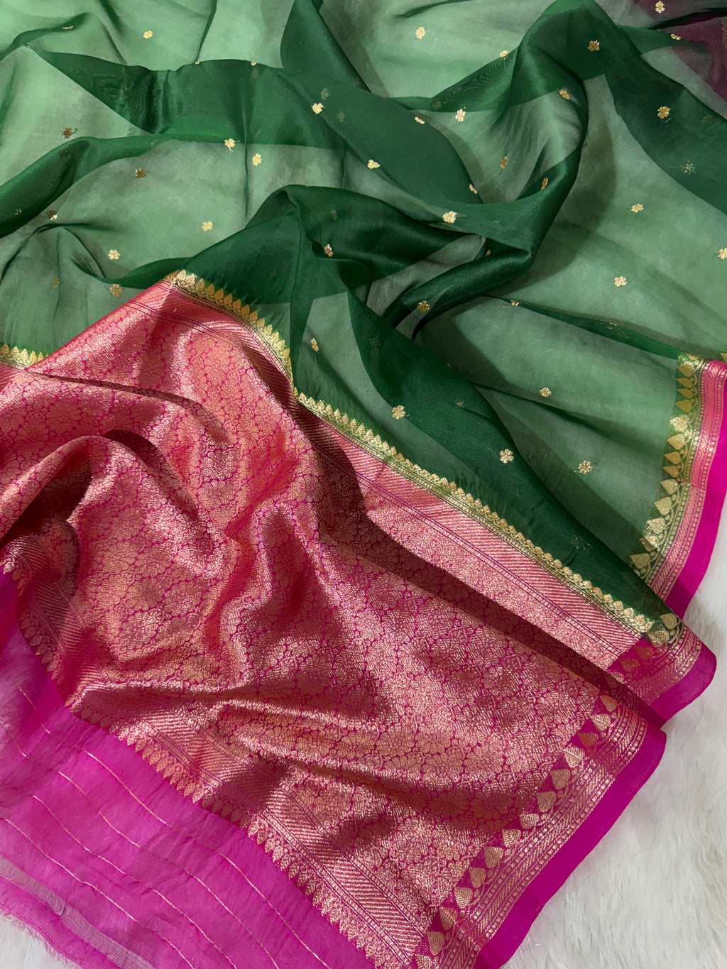 Bottle Green & Rani Pink Pure Kora Organza Silk Banarasi Saree