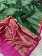Bottle Green & Rani Pink Pure Kora Organza Silk Banarasi Saree