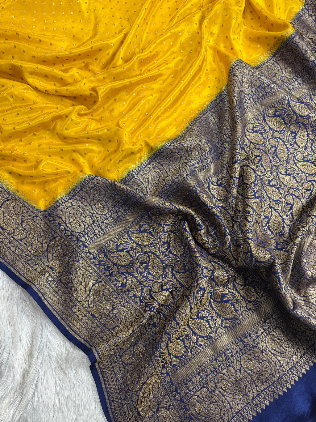 Yellow Gold & Navy Blue Pure Khaddi Crep Silk Banarasi Saree