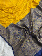 Yellow Gold & Navy Blue Pure Khaddi Crep Silk Banarasi Saree