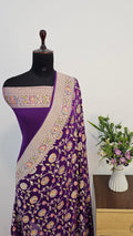 Purple Handbrush Meenakari Pure Khaddi Georgette Silk Banarasi Saree