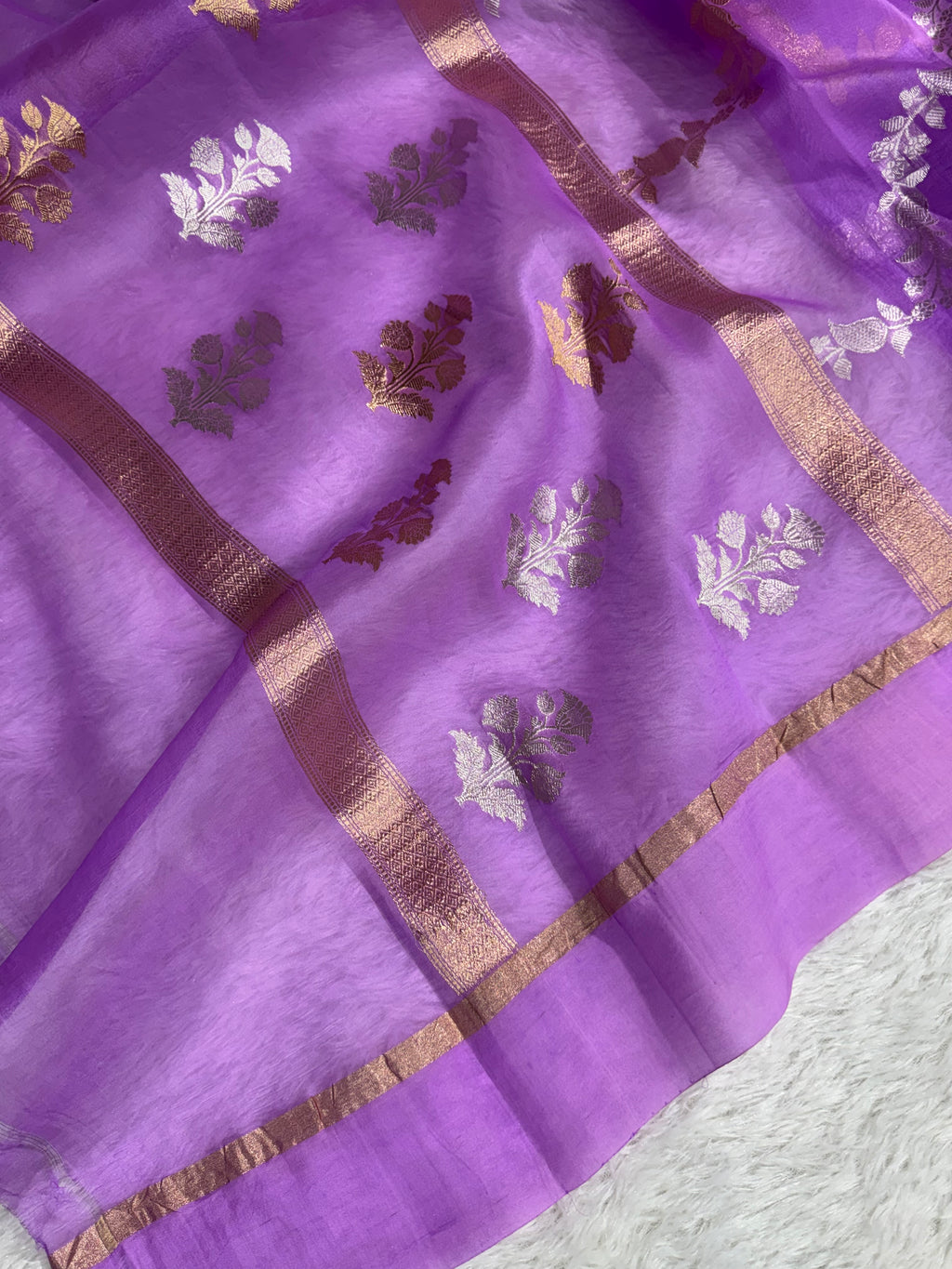 Lavender Stripe Sona & Roopa Pure Kora Organza Silk Banarasi Saree