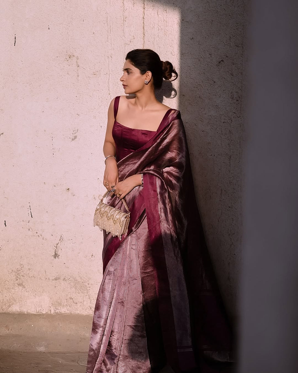 Reddish Wine Stripe Pure Tissue Silk Banarasi Saree
