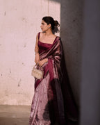 Reddish Wine Stripe Pure Tissue Silk Banarasi Saree