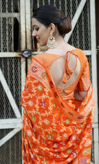 Fanta Orange Pure Khaddi Chiffon Silk Banarasi Saree