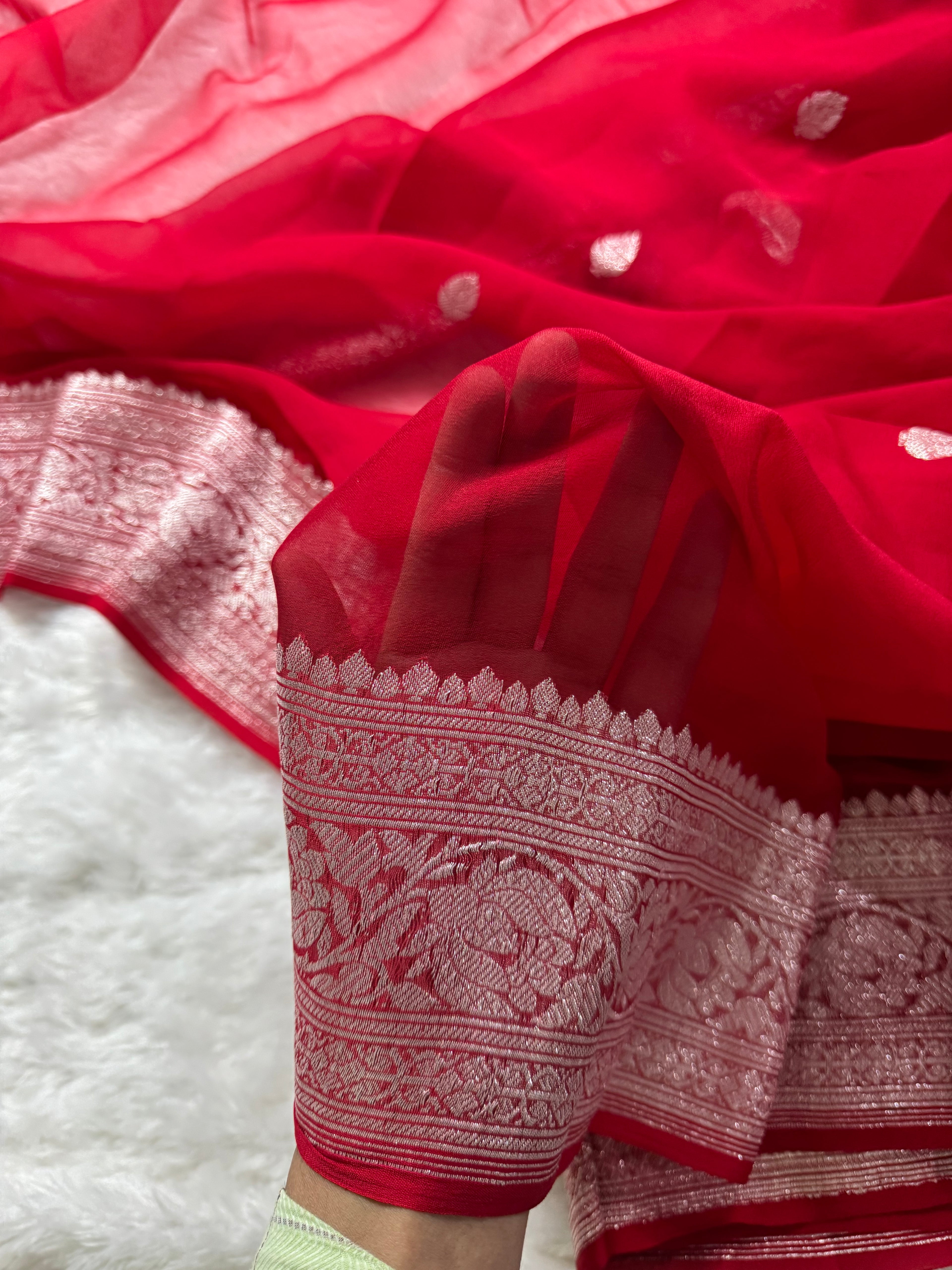 Red Pure Khaddi Chiffon Silk Banarasi Saree