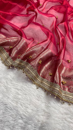 Red Tissue Silk Saree With Golden Ghungroo Butti Work & Luxury Lace Border
