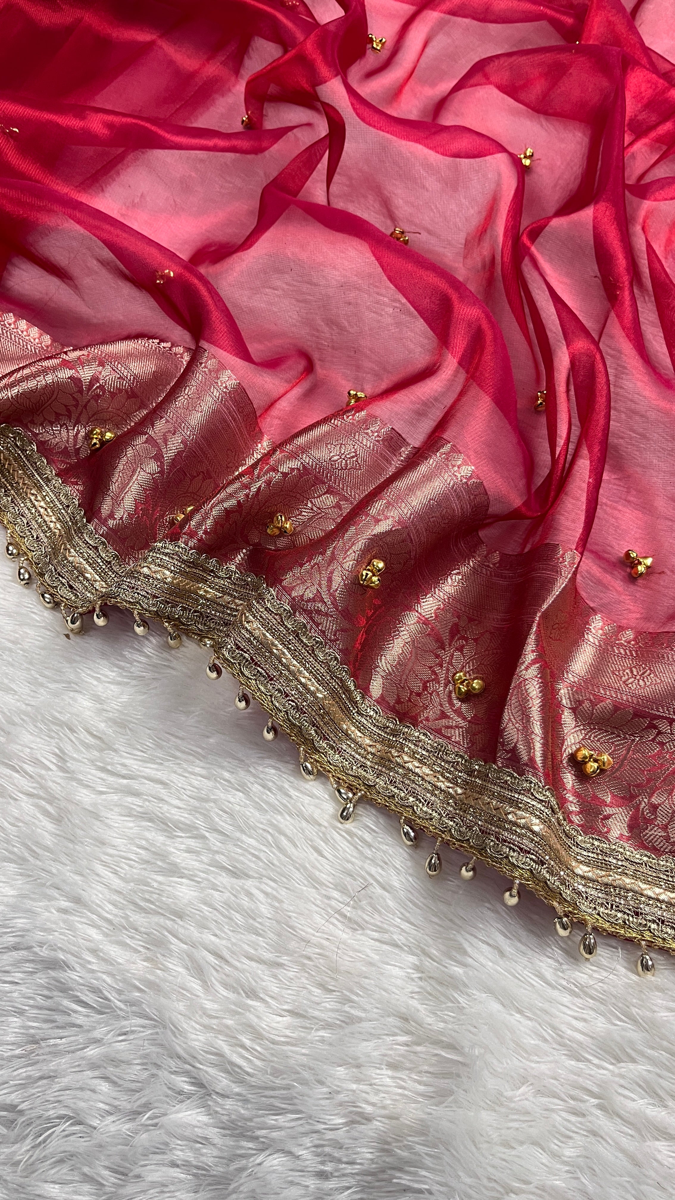 Red Tissue Silk Saree With Golden Ghungroo Butti Work & Luxury Lace Border