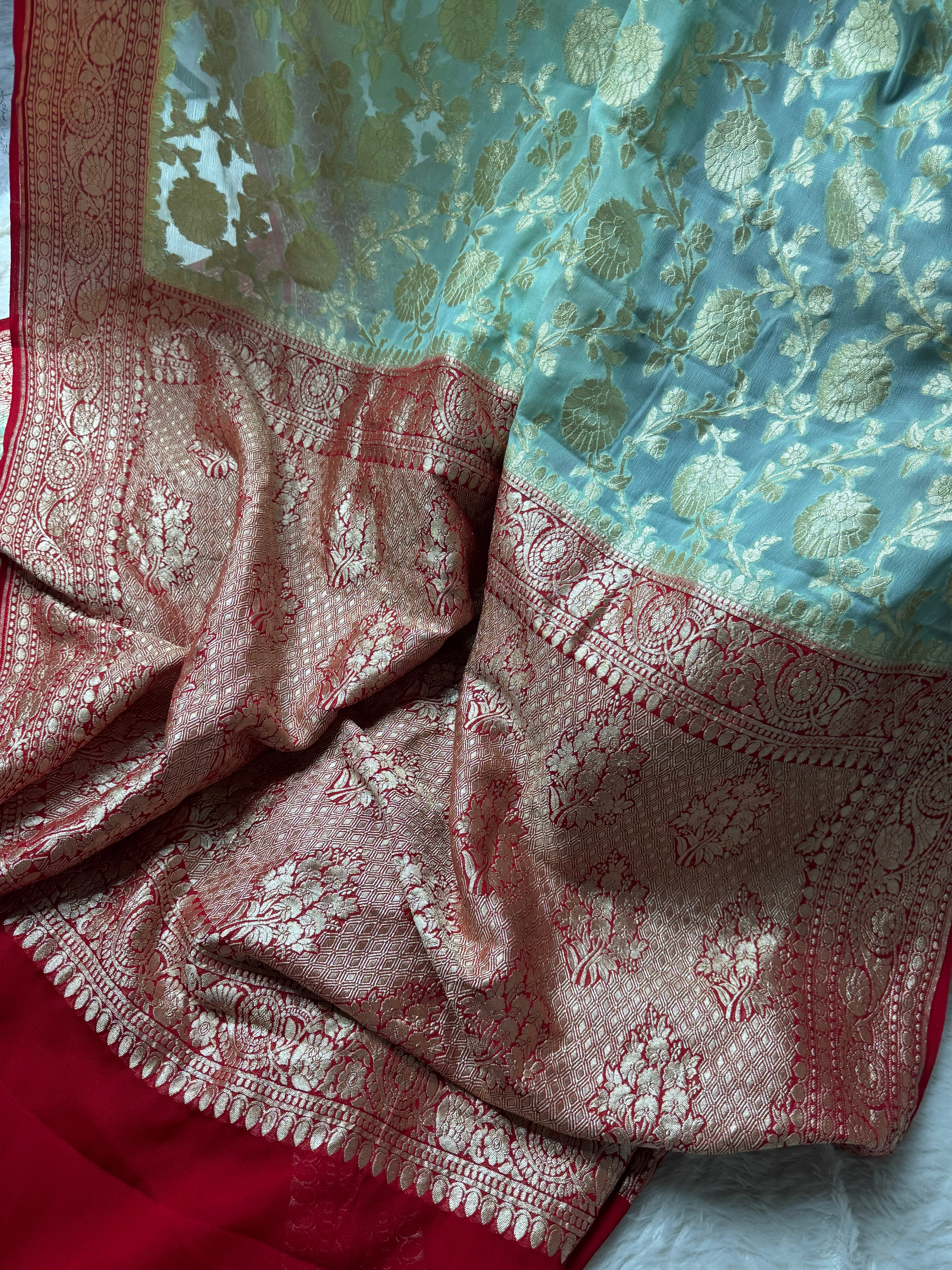 Pastels & Red Pure Khaddi Georgette Silk Banarasi Saree