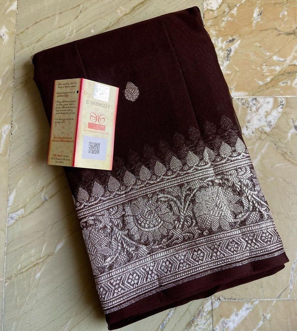 Dark Chocolate Brown Pure Khaddi Chiffon Silk Banarasi Saree