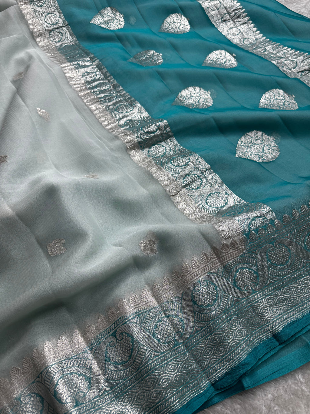 Deep Sea Green & Light Sea Green Pure khaddi Chiffon Silk Banarasi Border Booti Saree