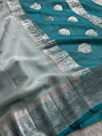 Deep Sea Green & Light Sea Green Pure khaddi Chiffon Silk Banarasi Border Booti Saree