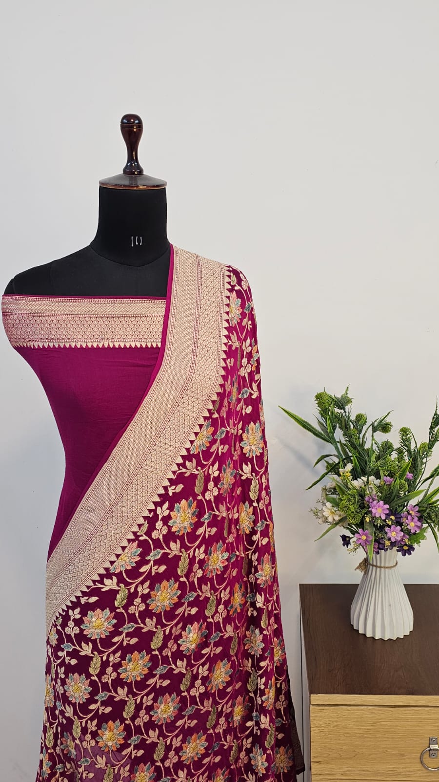 Wine Handbrush Meenakari Pure Khaddi Georgette Silk Banarasi Saree