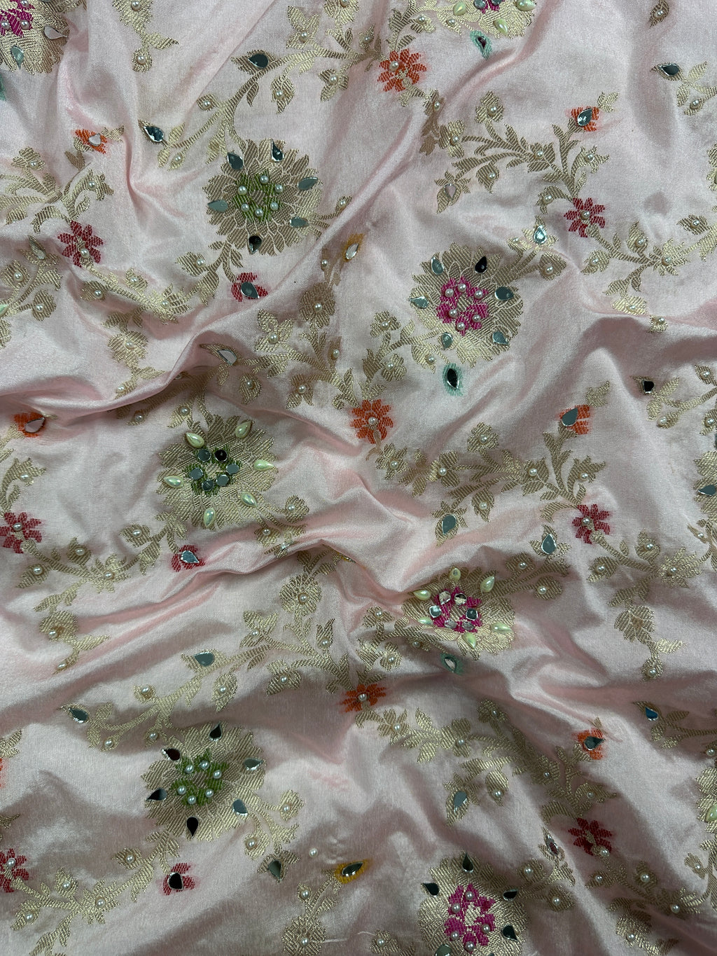 Baby Pink & Rani Pink Katan Silk Pearl & Mirror Work Banarasi Saree With Designer Lace