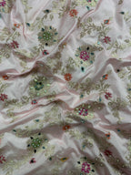 Baby Pink & Rani Pink Katan Silk Pearl & Mirror Work Banarasi Saree With Designer Lace