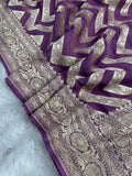 Regel Purple Pure Khaddi Georgette Silk Banarasi Stripe Saree