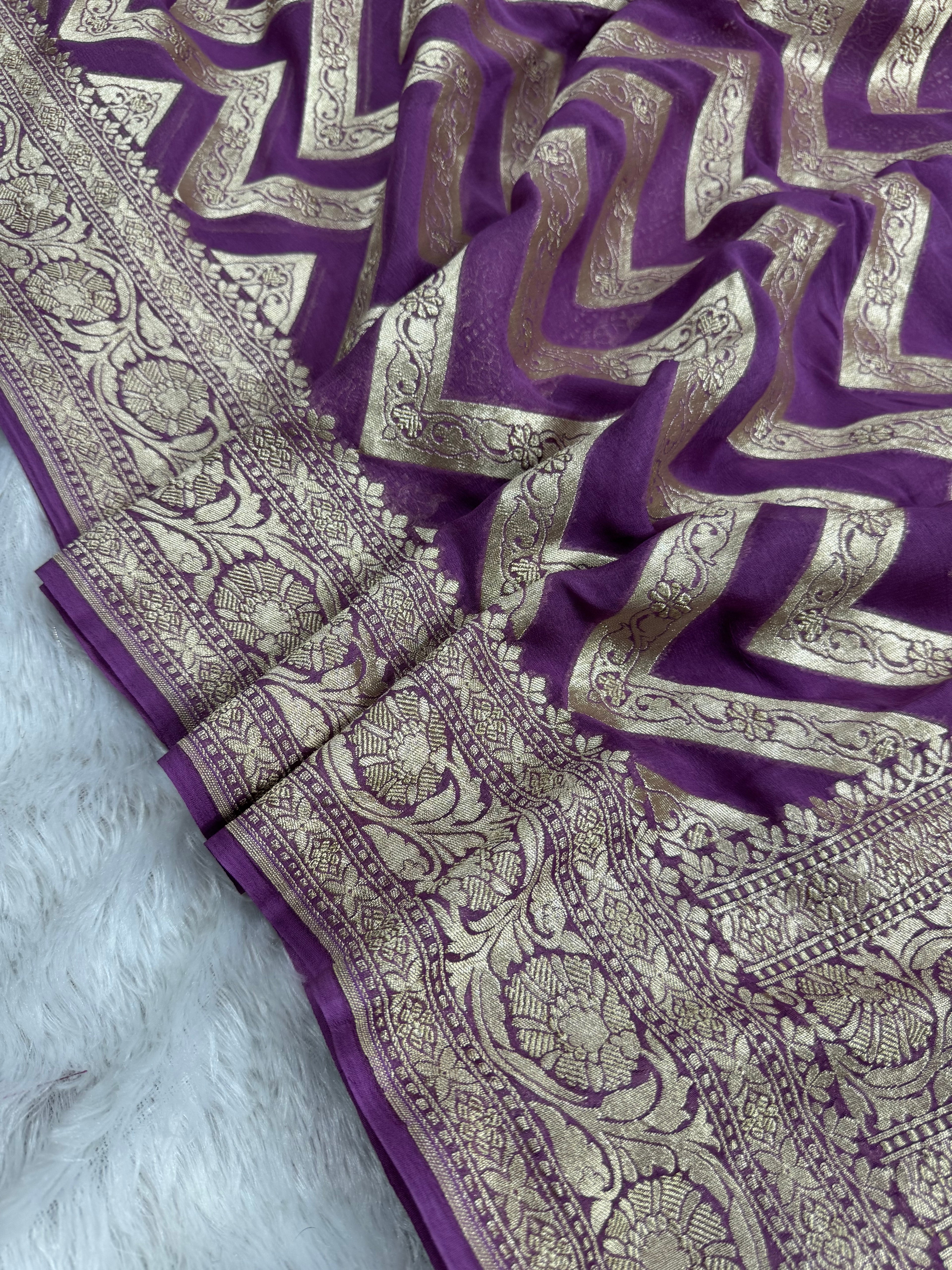 Regel Purple Pure Khaddi Georgette Silk Banarasi Stripe Saree