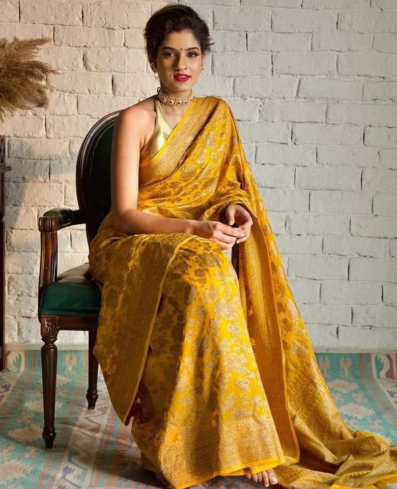Mustard Yellow Pure Khaddi Georgette Silk Banarasi Saree