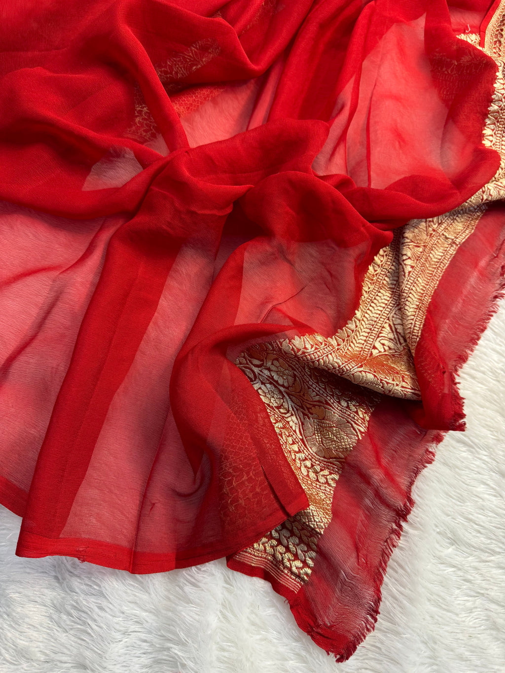 Rust Orange Pure Khaddi Georgette Silk Banarasi Saree