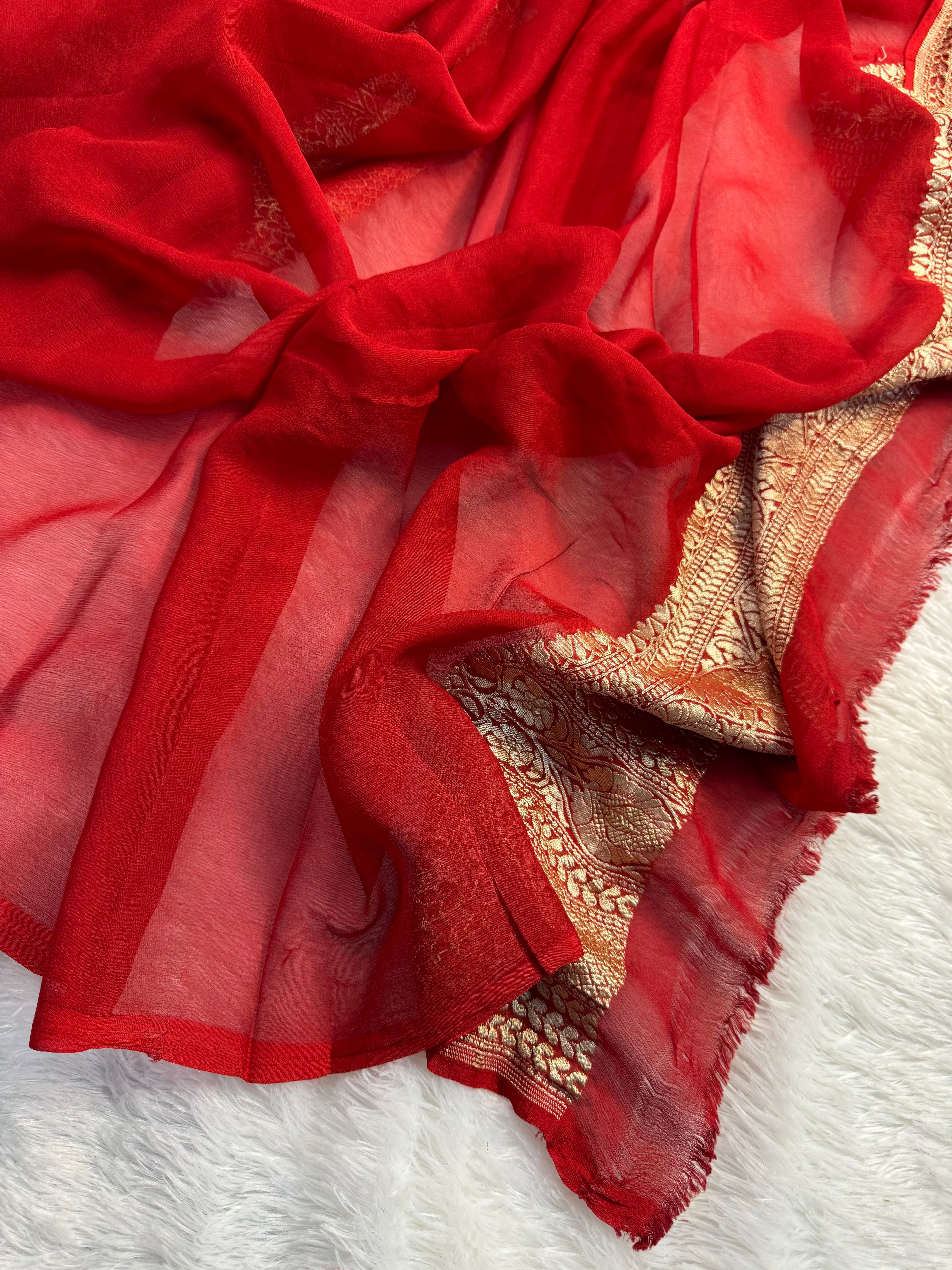 Rust Orange Pure Khaddi Georgette Silk Banarasi Saree
