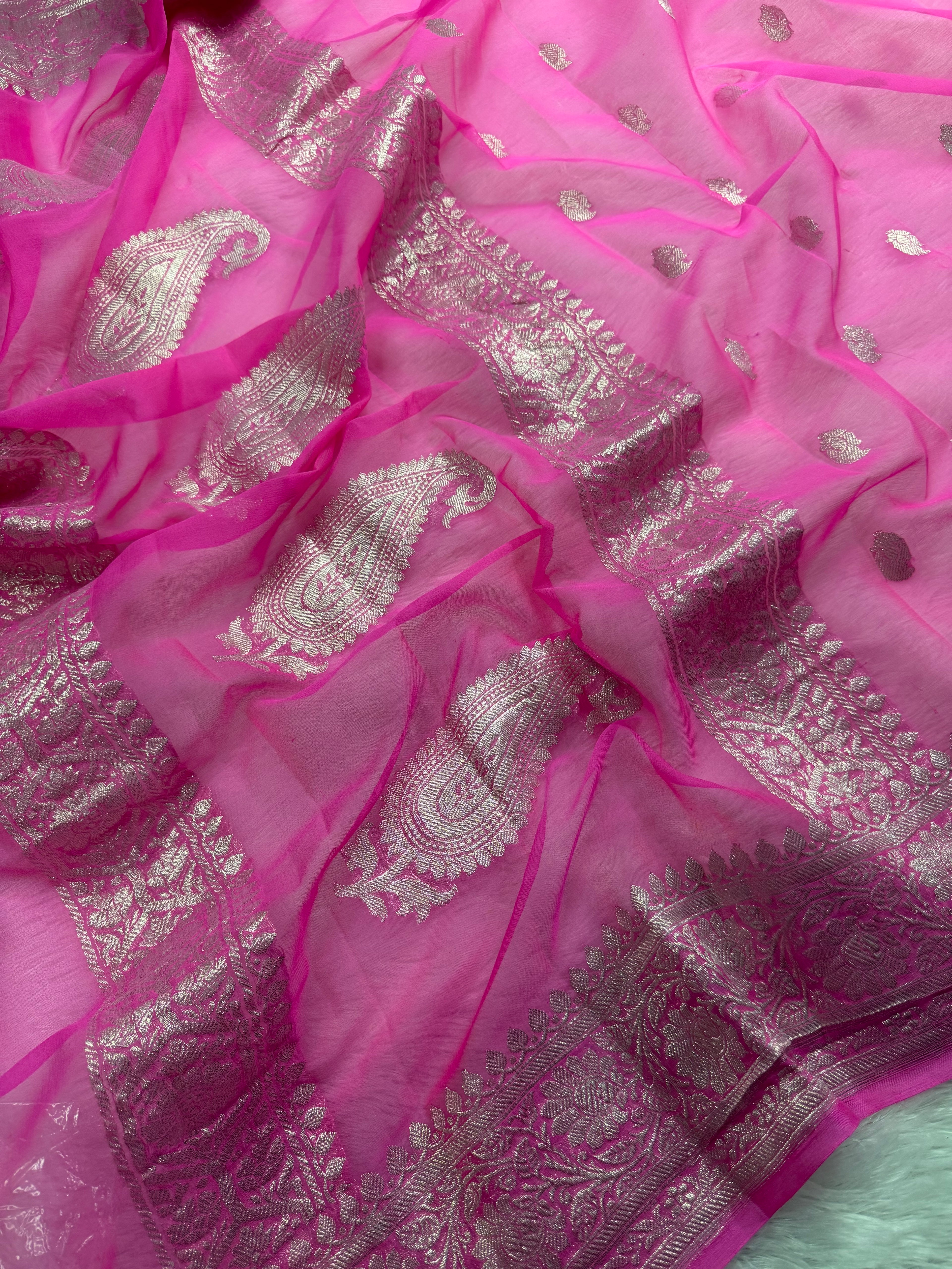 Fuchsia Pink Pure Khaddi Chiffon Silk Banarasi Saree