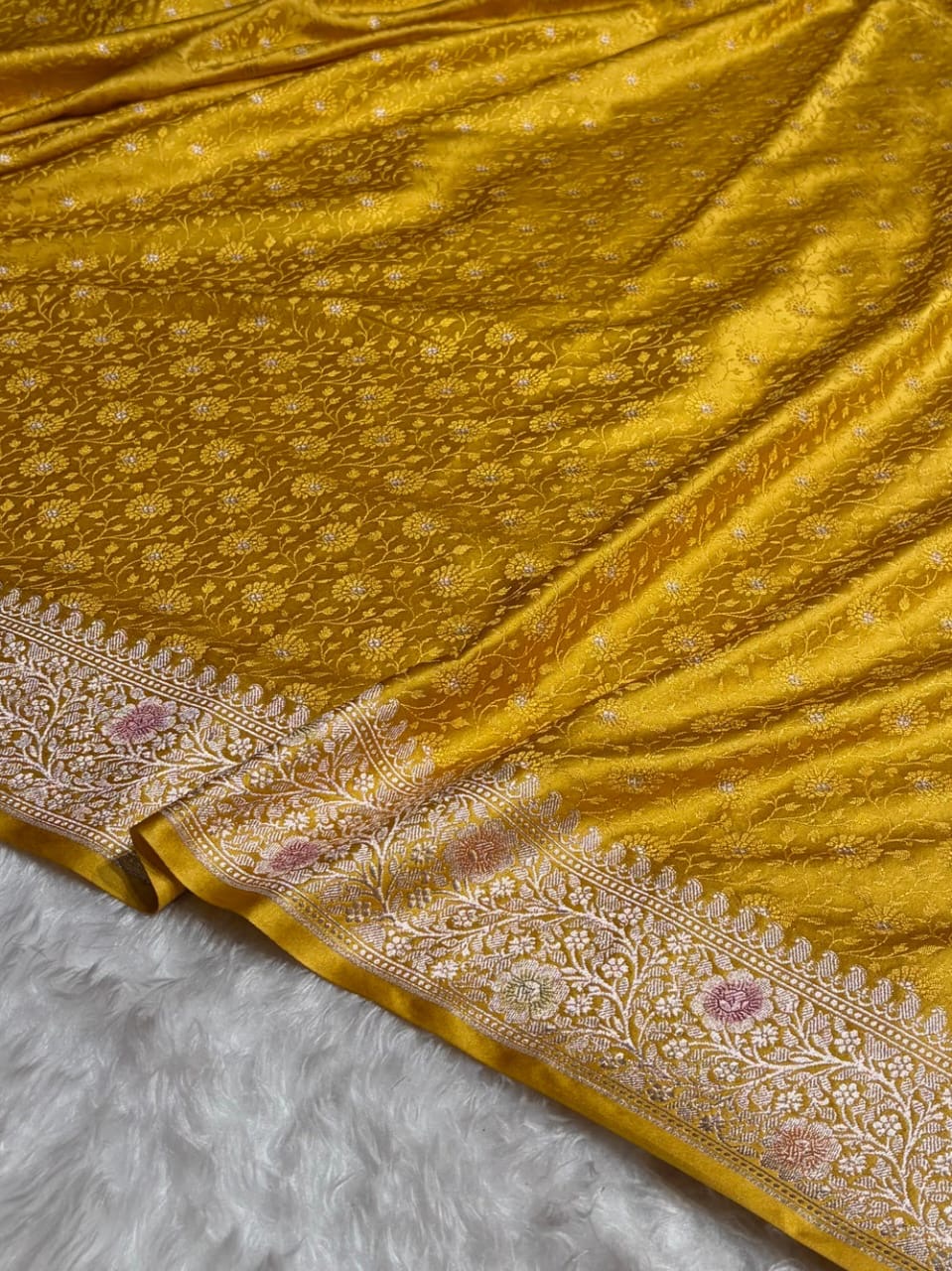 Yellow Meenakari Mashru Katan Silk Banarasi Saree