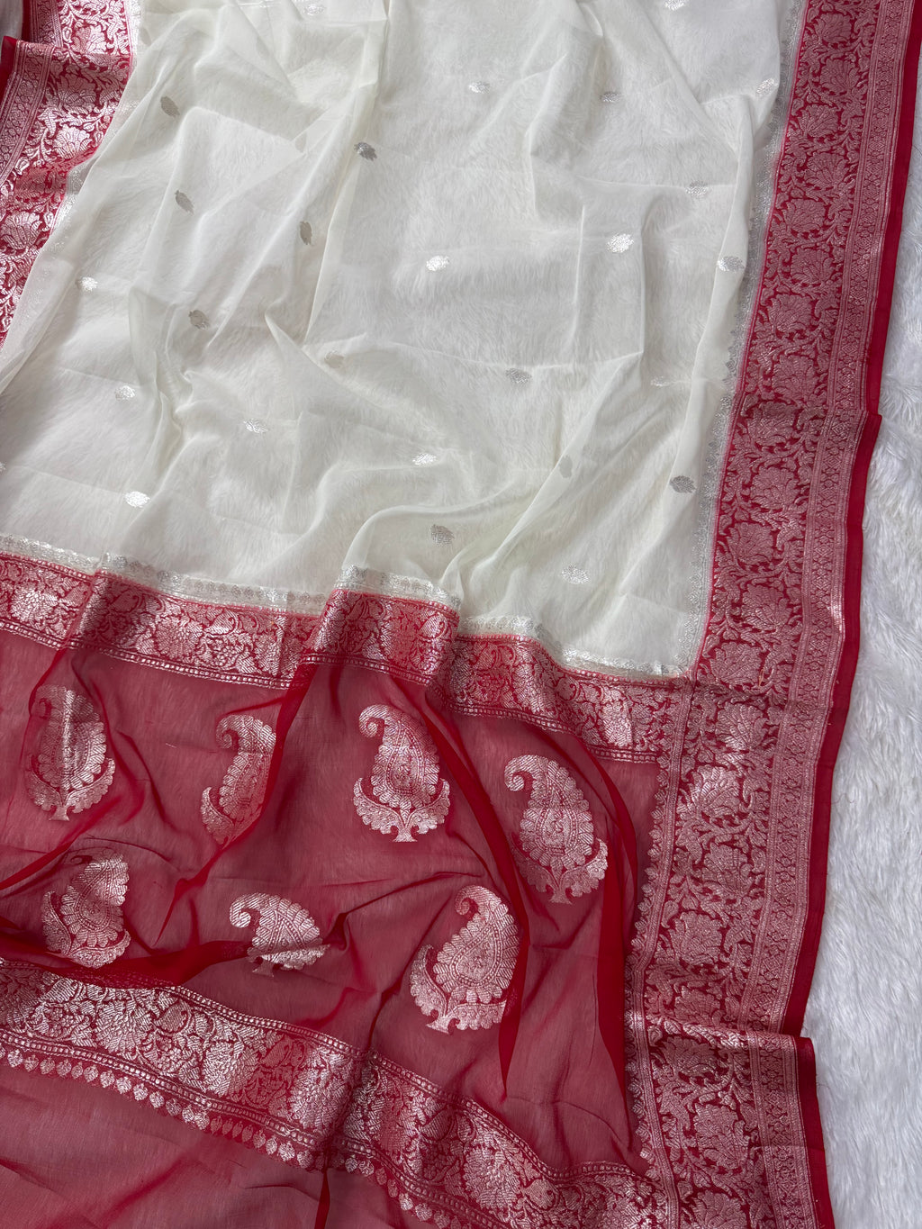 White & Red Pure Khaddi Chiffon Silk Banarasi Saree