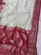 White & Red Pure Khaddi Chiffon Silk Banarasi Saree