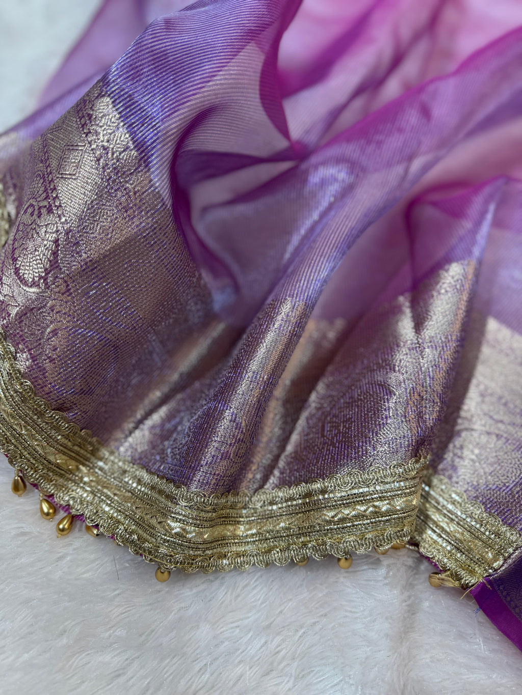 Purple Tissue Silk Saree With Golden Ghungroo Butti Work & Luxury Lace Border